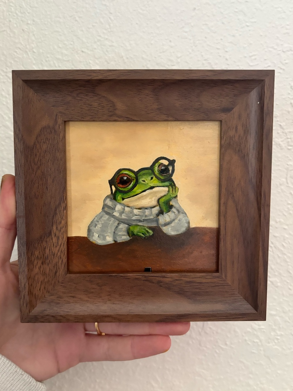 "Cozy thoughtful frog” Original oil painting on wood board mini framed 4x4"